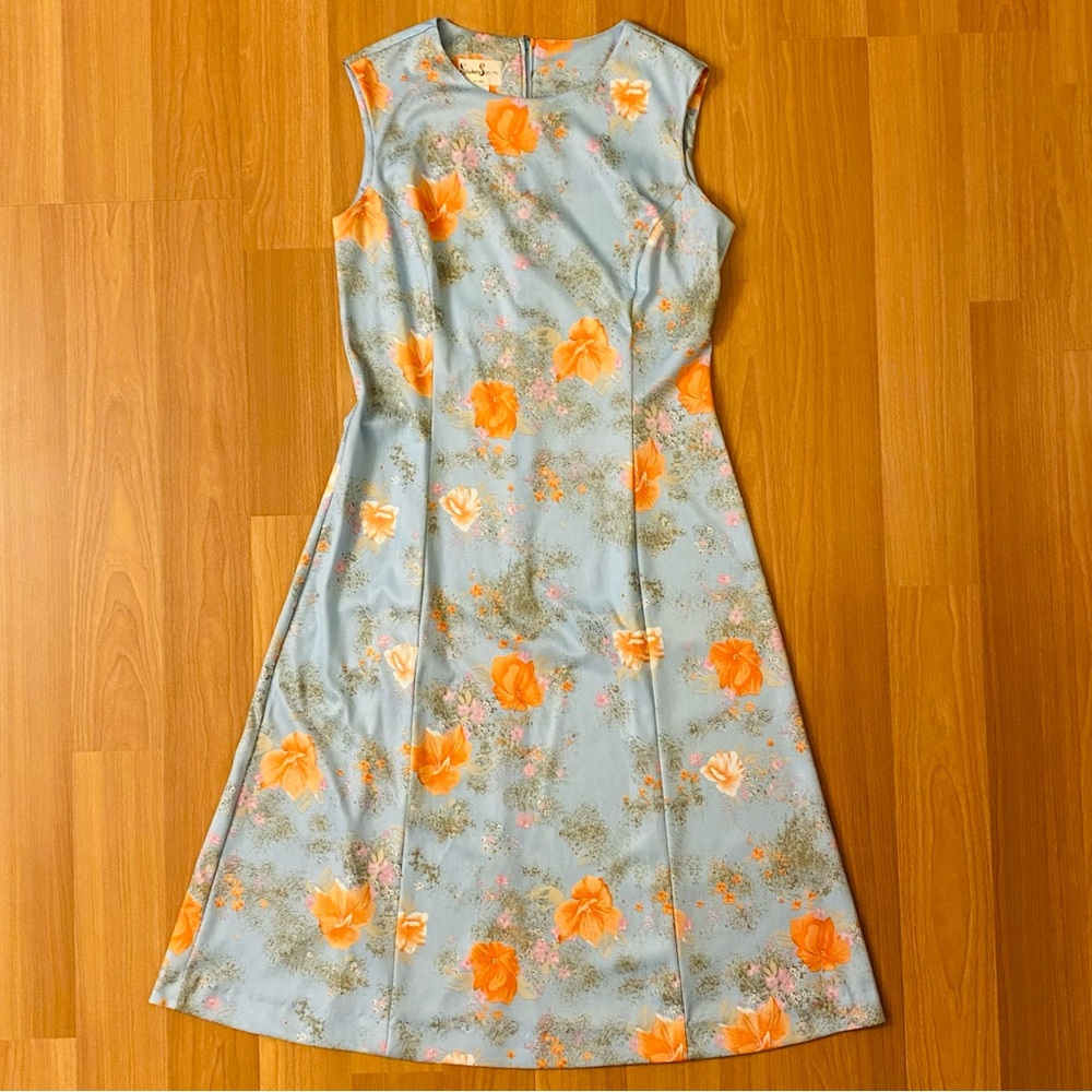 Vintage 70s light blue, orange, green, and pink floral sleeveless midi dress